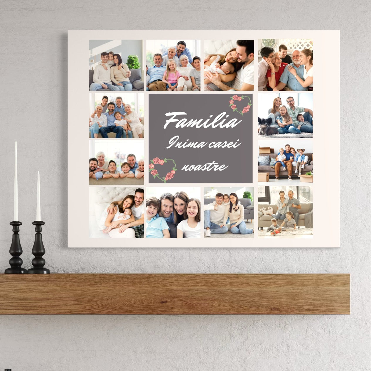 Imagine cu colaj foto familie pe perete, tiparita pe panza canvas